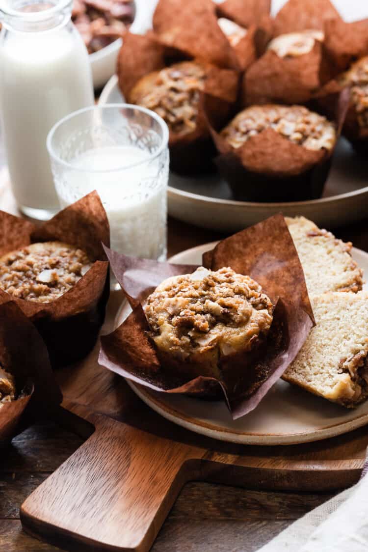 Banana muffins baked with a streusel on top.
