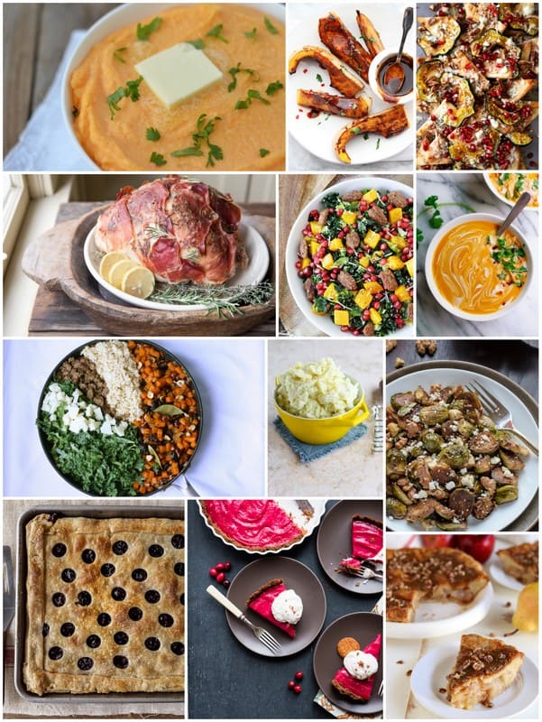A collage image of various seasonal Thanksgiving recipes.
