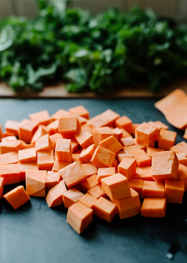 Chopped sweet potatoes for Sweet Potato and Kale Coconut Curry Soup.