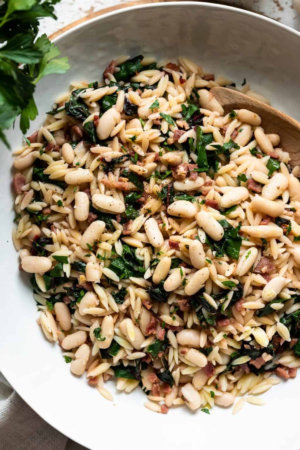 Swiss Chard Recipe with Orzo Pasta, Cannellini Beans, Pancetta