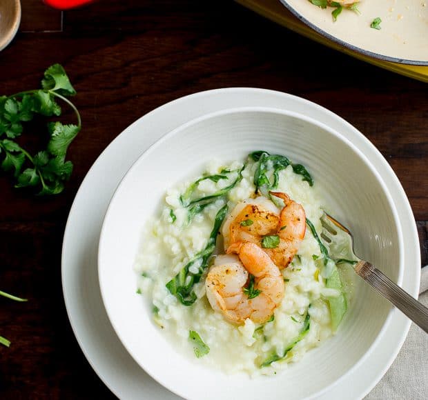 Bok Choy Risotto with Coconut Milk and Pan Seared Shrimp | www.kitchenconfidante.com | A light way to enjoy bok choy!