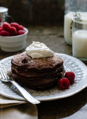 Eggless Chocolate Pancakes | www.kitchenconfidante.com | Out of eggs or need to omit them? Make these dark chocolate pancakes with a flaxseed "egg" substitute.