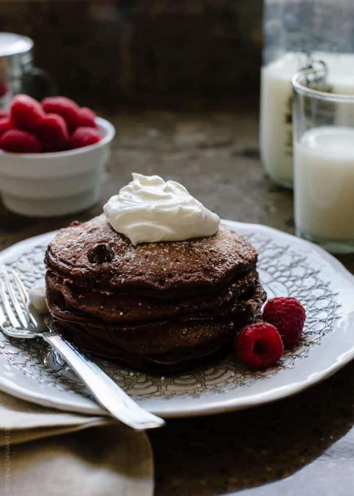 Eggless Chocolate Pancakes | www.kitchenconfidante.com | Out of eggs or need to omit them? Make these dark chocolate pancakes with a flaxseed "egg" substitute.