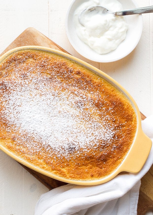 Meyer Lemon Buttermilk Pudding in a baking pan fresh from the oven.