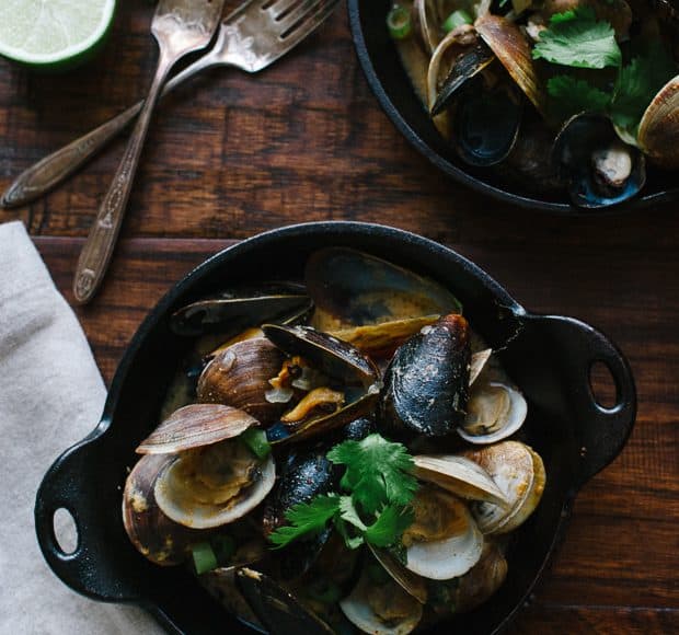 Steamed Clams and Mussels in Coconut Curry Broth | www.kitchenconfidante.com | A light and satisfying meal.