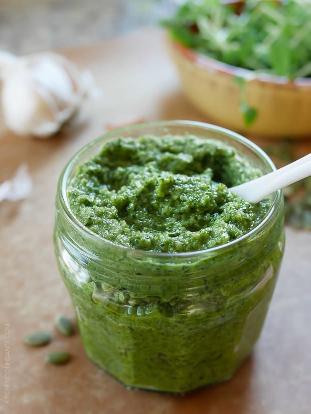 Pea Shoot and Pumpkin Seed Pesto in a glass jar.