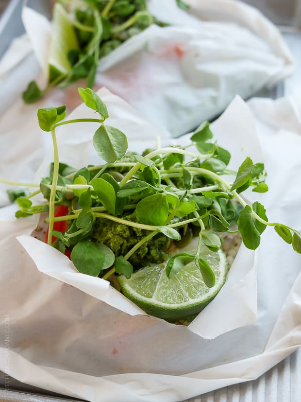 Pea Shoot and Pumpkin Seed Pesto served with steamed fish.