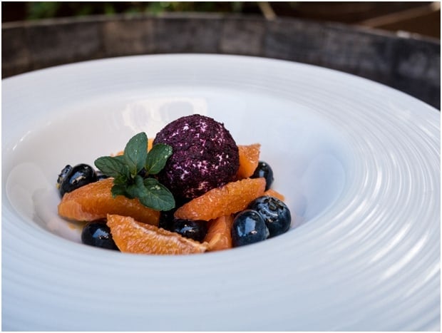 A large white bowl filled with a gourmet presentation of blueberries at the US Highbush Blueberries CIA Bootcamp.