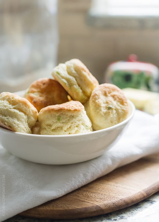 Boursin Garlic & Herb Buttermilk Biscuits in a white bowl.