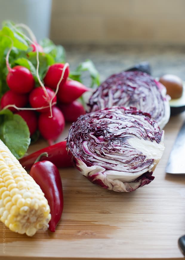 Radicchio on a wooden cutting board. 