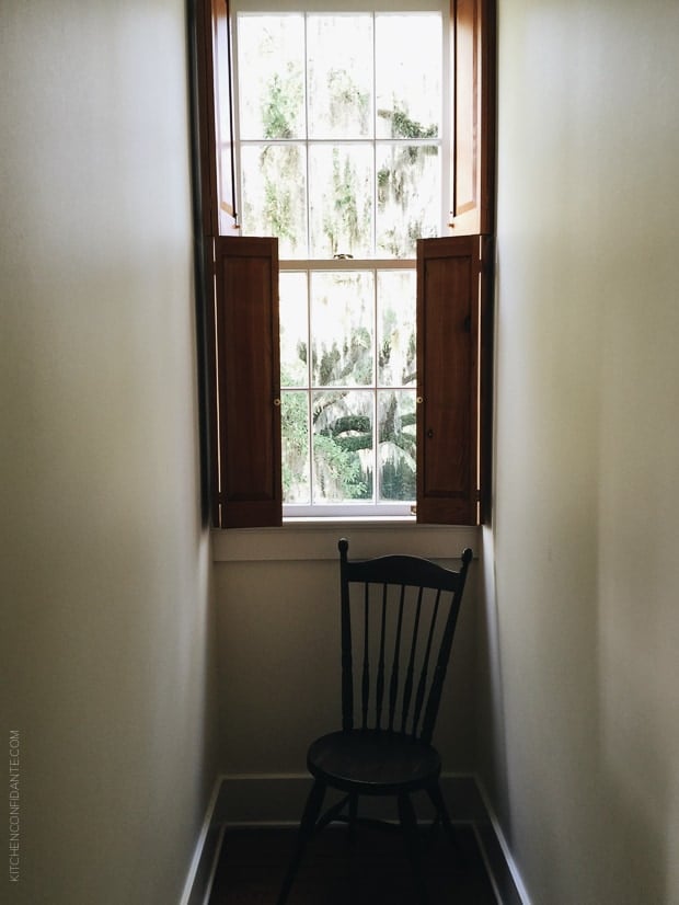 Scenes from Avery Island--A window, open, with a chair in front.