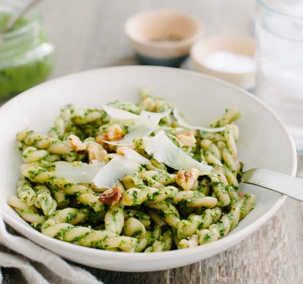 Swiss Chard Walnut Pesto Pasta in a white dish.