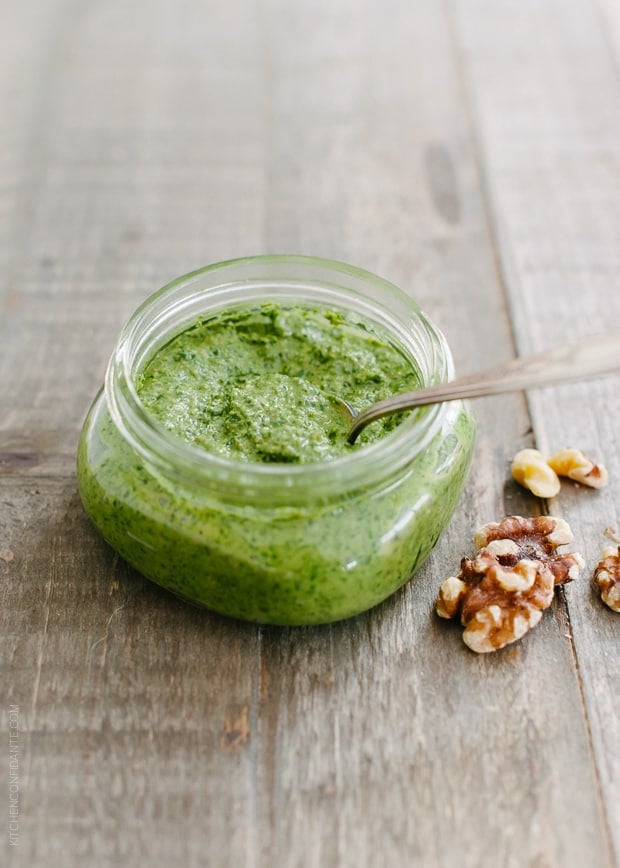 Swiss Chard Walnut Pesto in a jar.