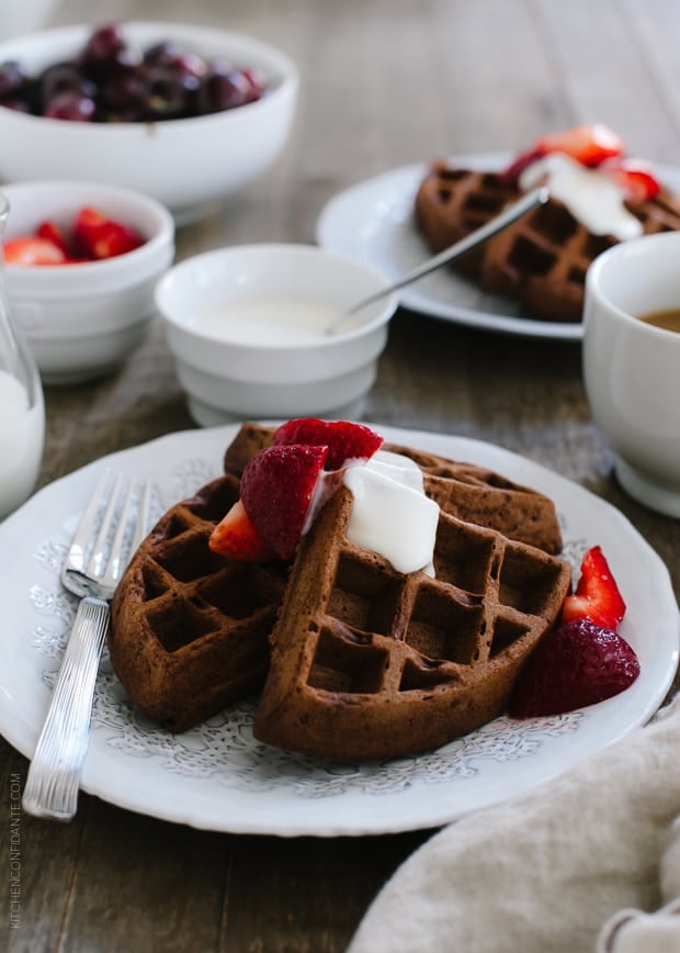 Chocolate Buttermilk Belgian Waffles | www.kitchenconfidante.com | Weekends are for waffles - make it chocolatey!