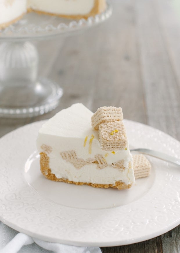 A slice of no-bake cheesecake layered with lemon wafers on a white plate.