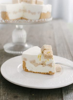 A slice of No-Churn Cheesecake Ice Cream Cake on a white plate.