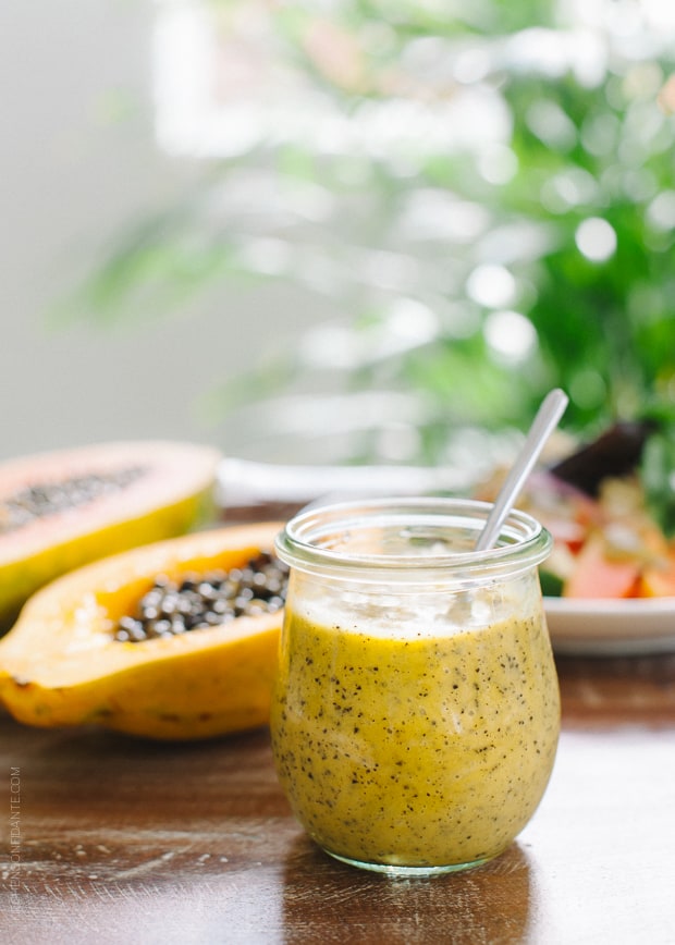 Papaya Seed Vinaigrette Dressing in a glass jar.