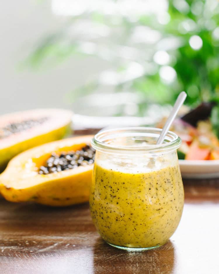 Papaya Seed Vinaigrette Dressing in a glass jar.