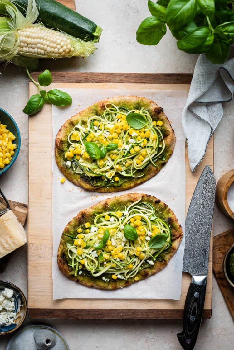 Zucchini, Corn and Pesto Flatbreads | www.kitchenconfidante.com | Use the summer's sweetest corn and zucchini in these delicious flatbreads!