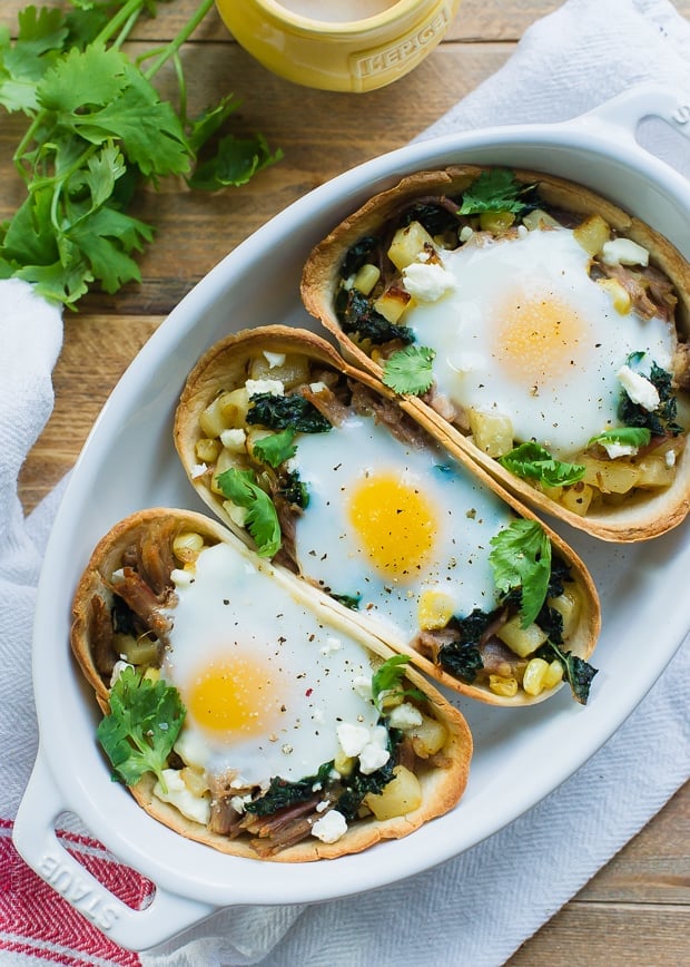 Baked Egg Taco Boats in a casserole dish.