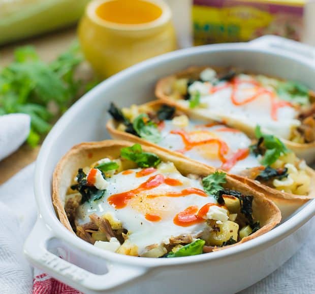 Baked Egg Taco Boats in a casserole dish.