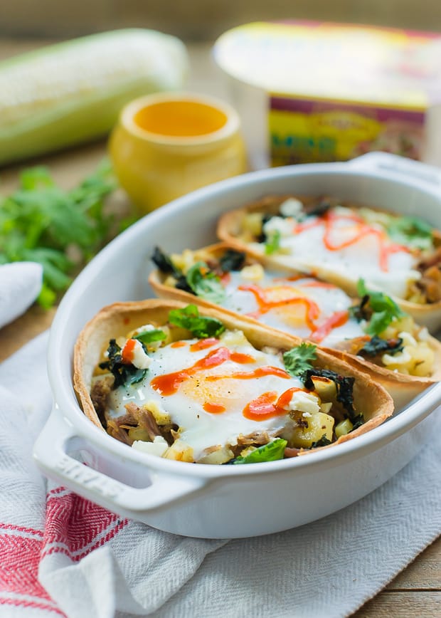 Baked Egg Taco Boats in a casserole dish.