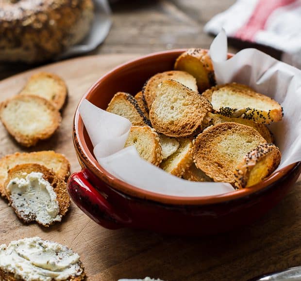 Garlic Parmesan Bagel Chips in a serving bowl.