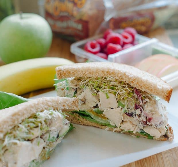 Green Apple Chicken Salad (Mayo Free) filling a sandwich.