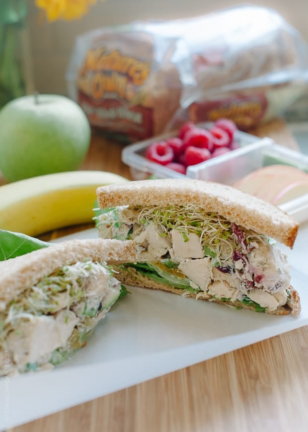 Green Apple Chicken Salad (Mayo Free) filling a sandwich.