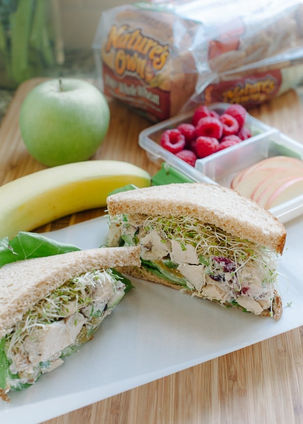 Green Apple Chicken Salad (Mayo Free) packed into a sandwich.