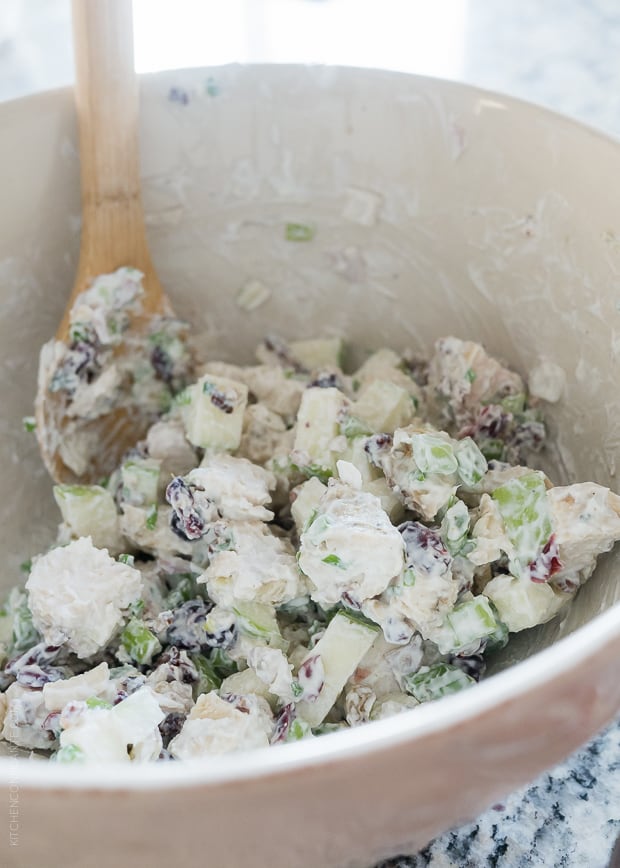 Green Apple Chicken Salad (Mayo Free) stirred in a bowl.