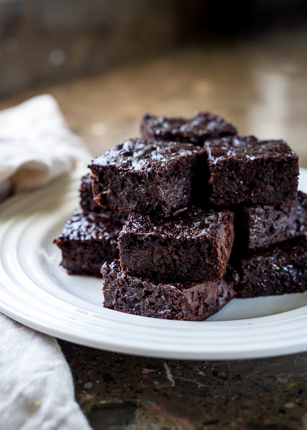 A stack of Zucchini Banana Brownies on a plate.