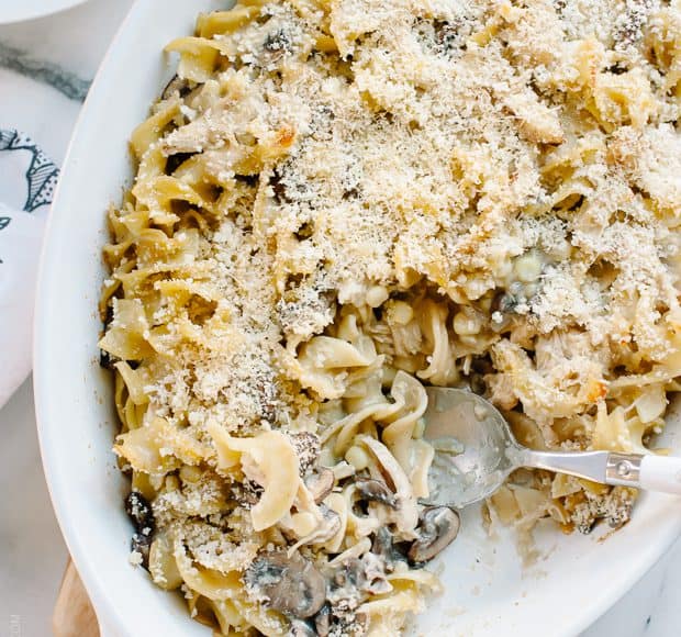 Chicken Mushroom and Corn Tetrazzini in a white dish.