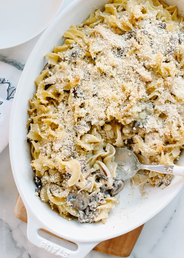 Chicken Mushroom and Corn Tetrazzini in a white dish.