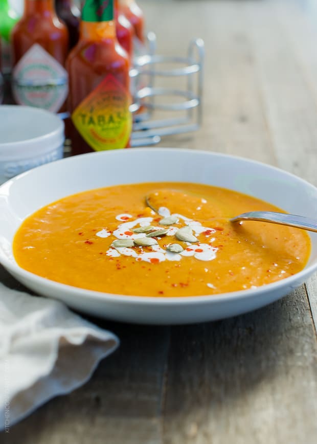 Pumpkin Soup topped with pumpkin seeds.