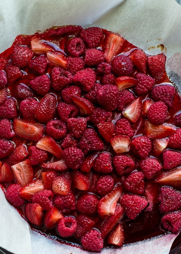 Roasted strawberries and raspberries.
