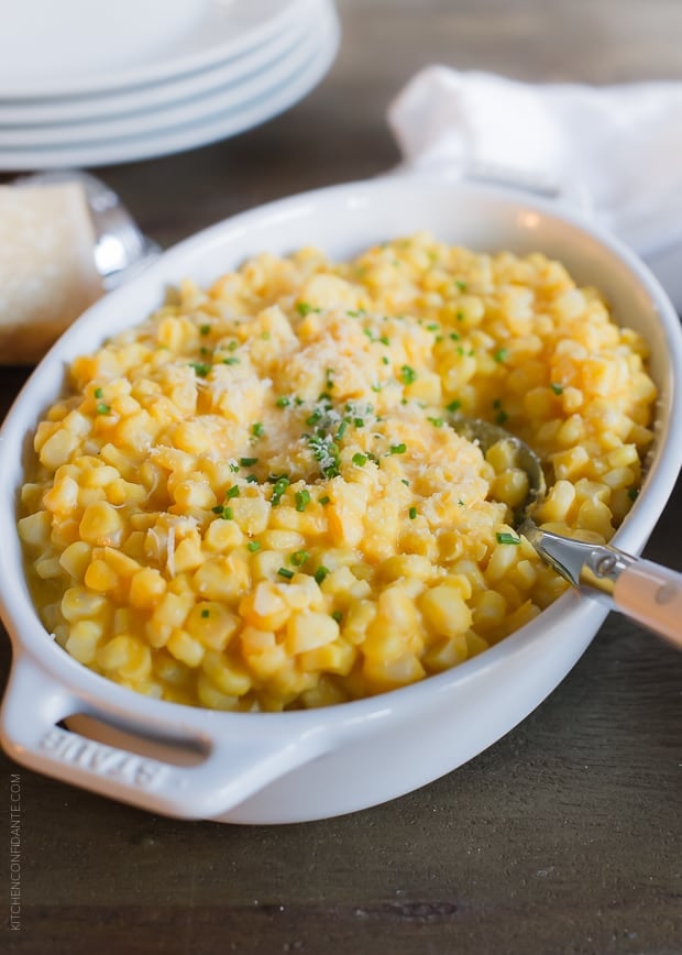 Butternut Squash Creamed Corn prepared in a white oval serving dish.