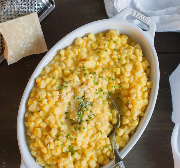 Butternut Squash Creamed Corn prepared in a white oval serving dish.