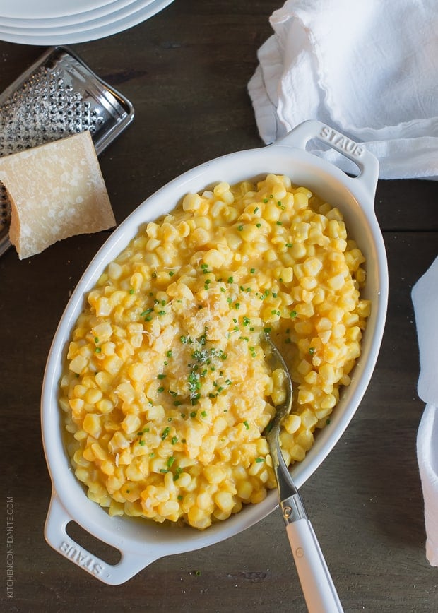 Butternut Squash Creamed Corn prepared in a white oval serving dish.