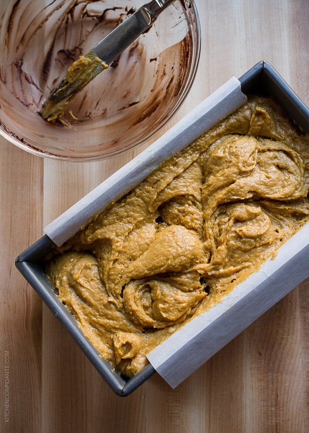 Chocolate Marble Pumpkin bread in a loaf pan ready to go into the oven.