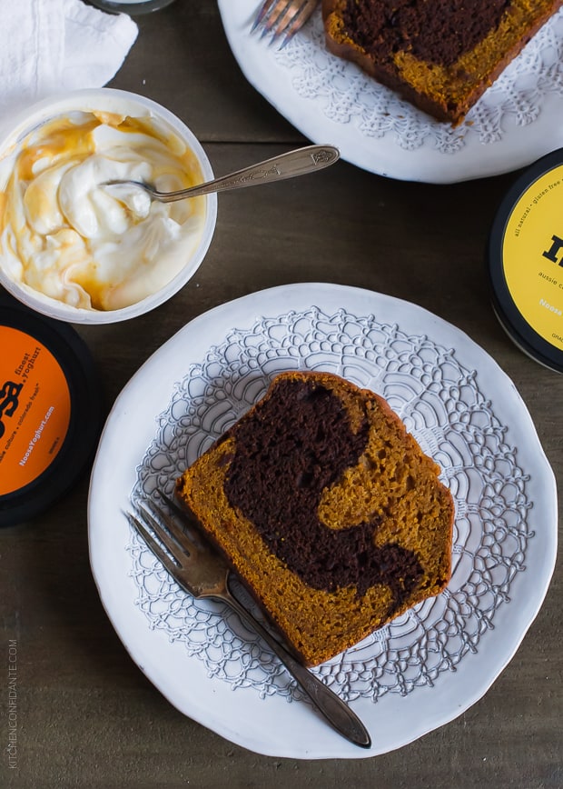 Chocolate Marble Pumpkin Bread served alongside pumpkin noosa yoghurt.