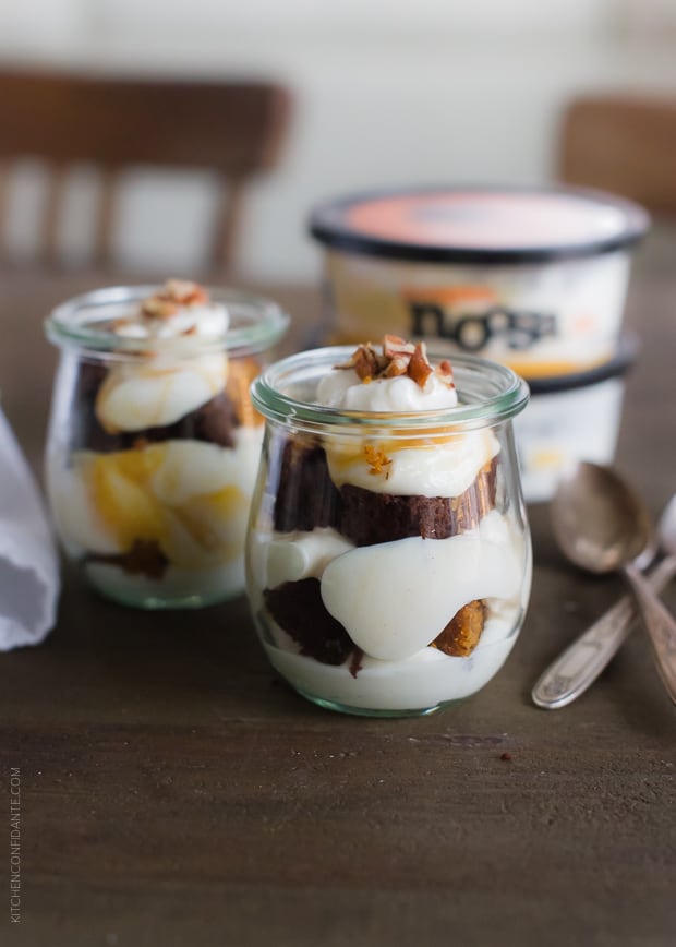 Noosa yoghurt featured in Pumpkin Bread Parfaits in glass jars with spoons alongside.