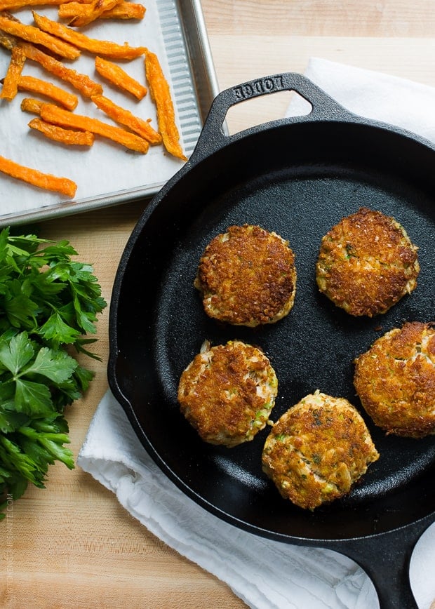 Pretzel Crusted Crab Cake Sliders in a cast iron skillet.