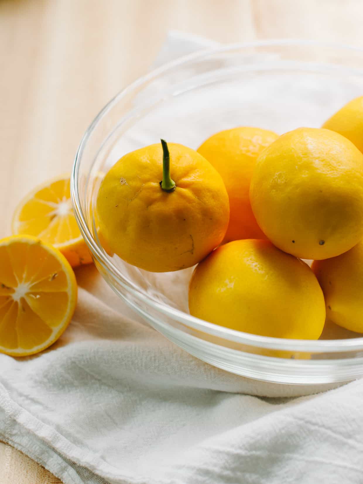 A bowl filled with Meyer lemons.