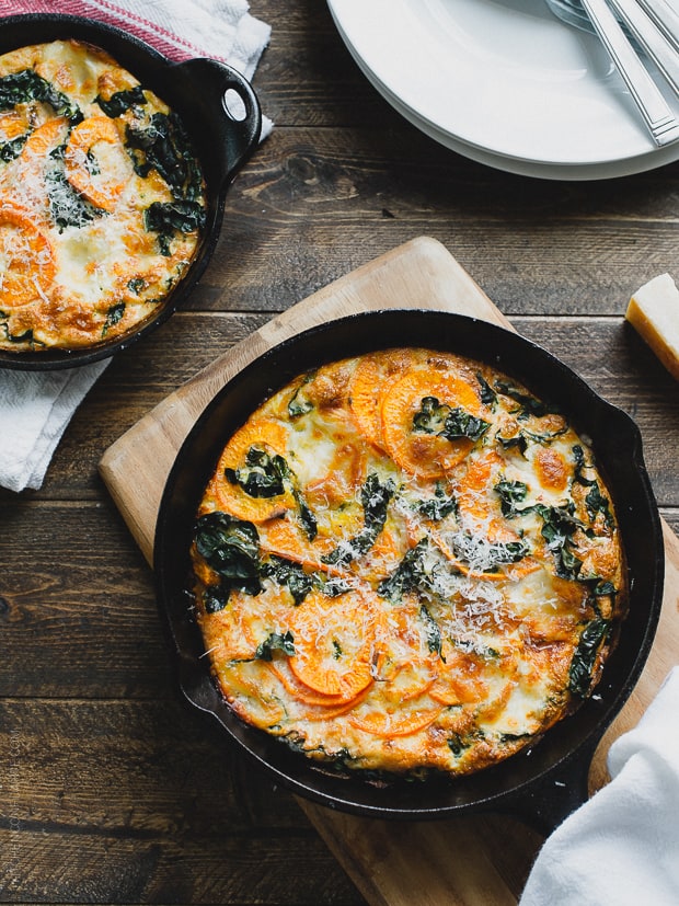 A cast iron skillet filled with a freshly baked Egg White Frittata.