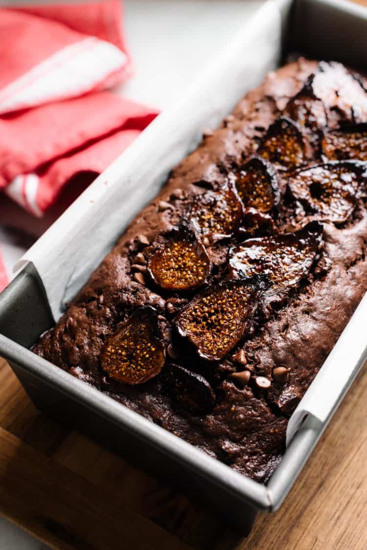 Chocolate Banana Fig Bread in a loaf pan.