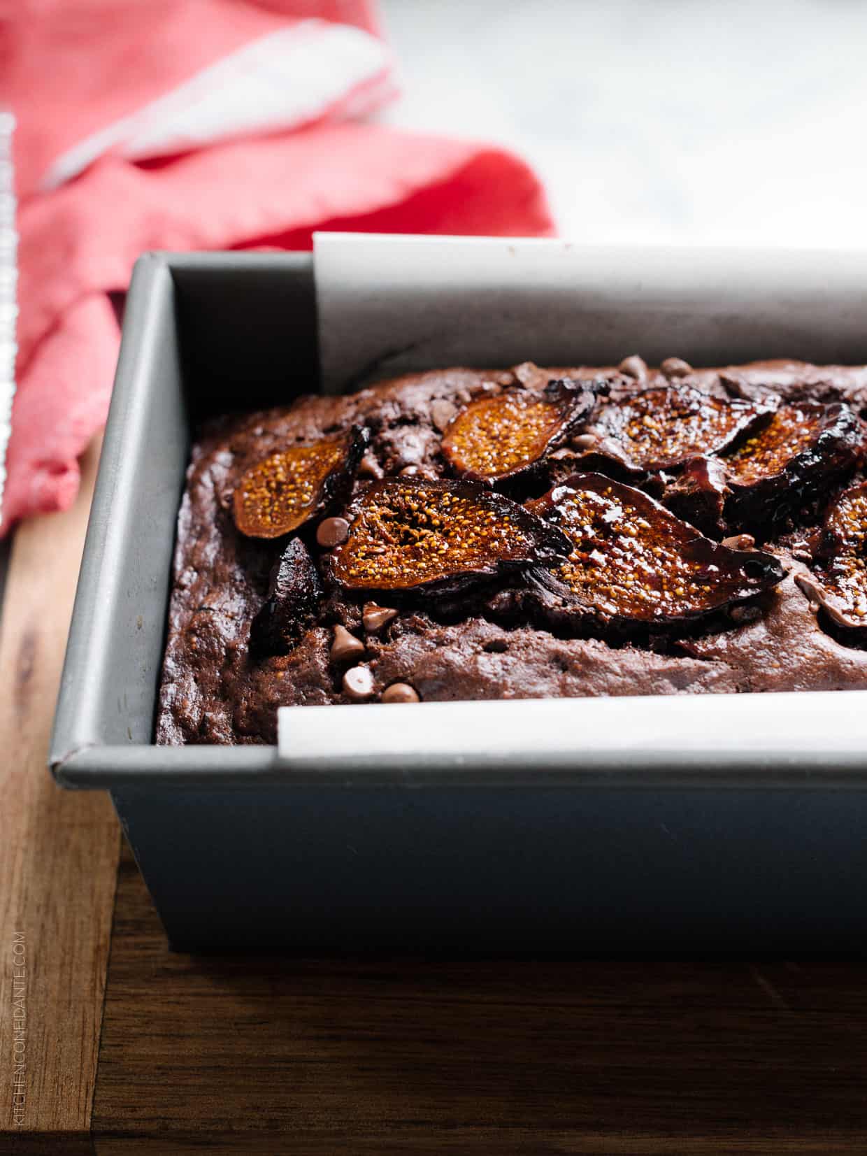 Dark and sweet Chocolate Banana Fig Bread in a loaf pan.