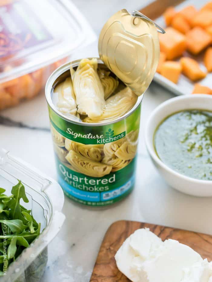 Skillet Pesto Flatbread with Goat Cheese, Artichokes and Roasted