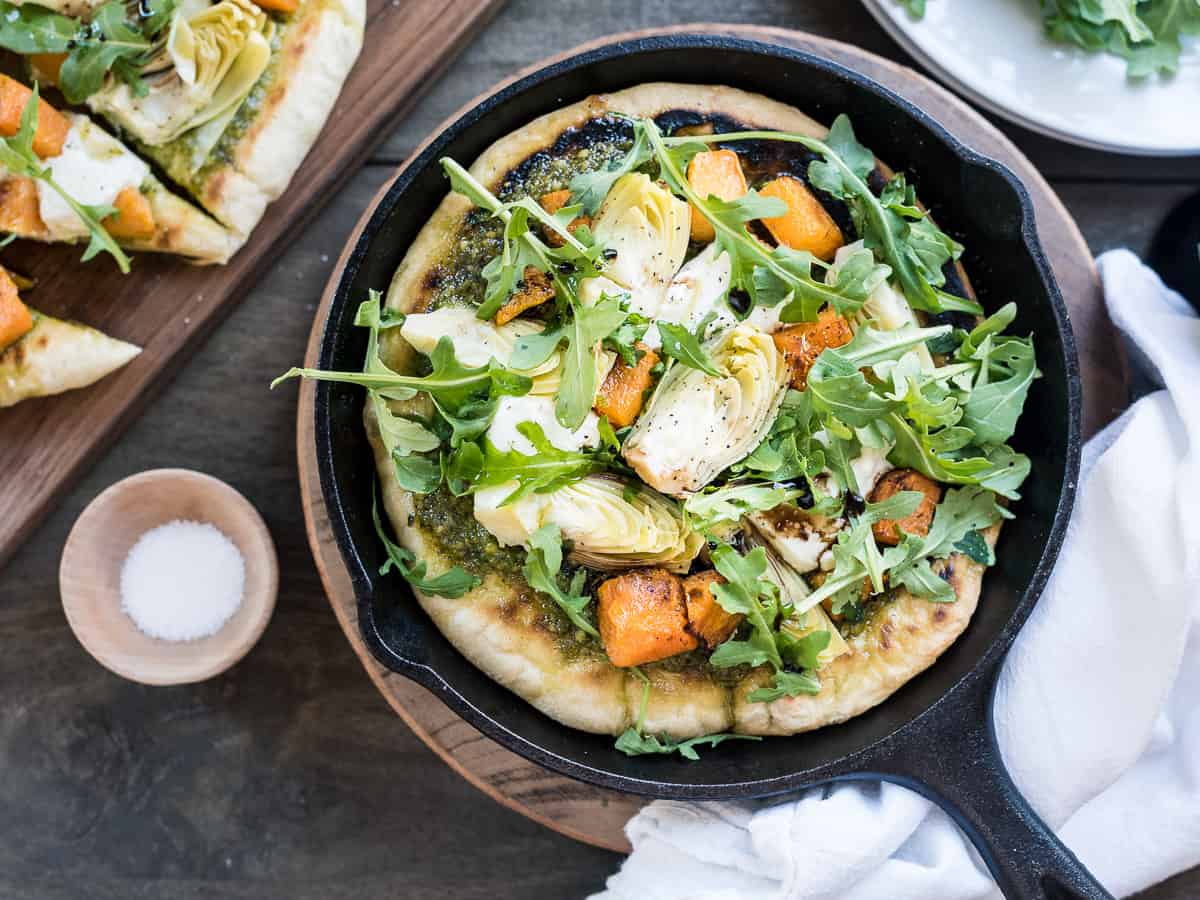 Skillet Pesto Flatbread with Goat Cheese, Artichokes and Roasted Butternut Squash Kitchen Confidante