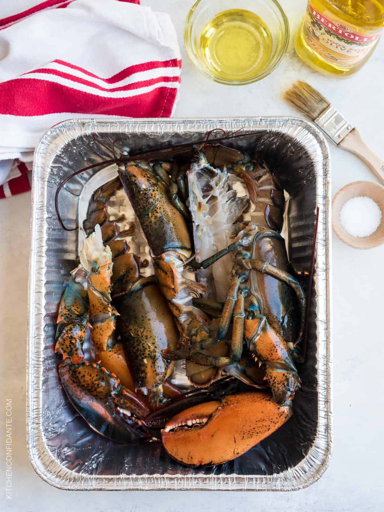 Fresh lobster being prepped for the grill.